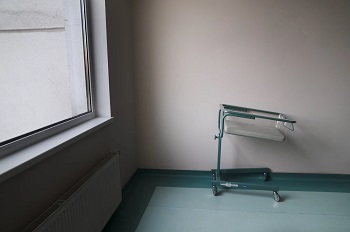 An empty baby cart in a maternity hospital in Kyiv, Ukraine. Credit: Claire Harbage/NPR